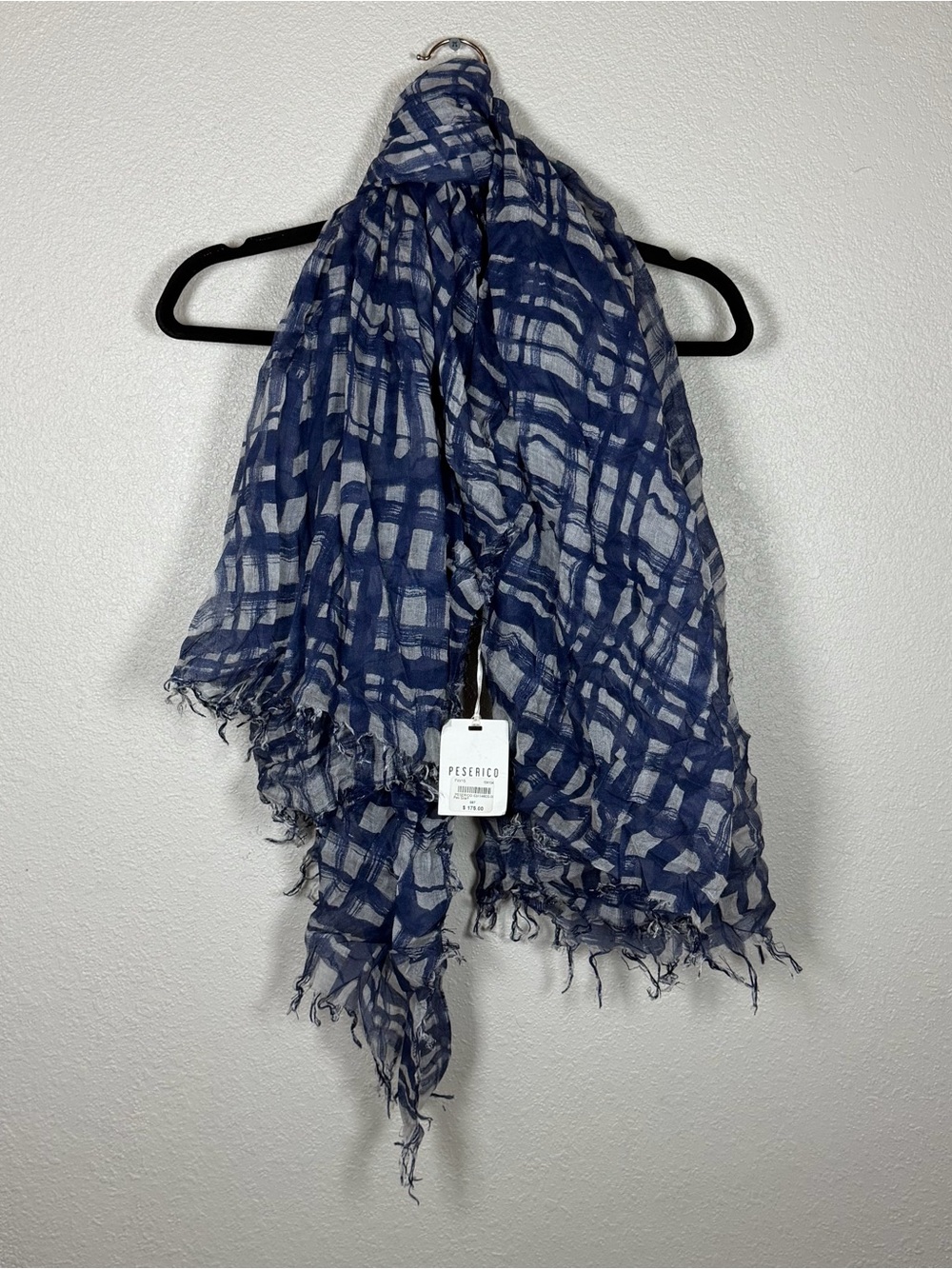 NWT Peserico Blue/White Geometric 55” Square Scarf Woven Modal Wool Fringe Italy